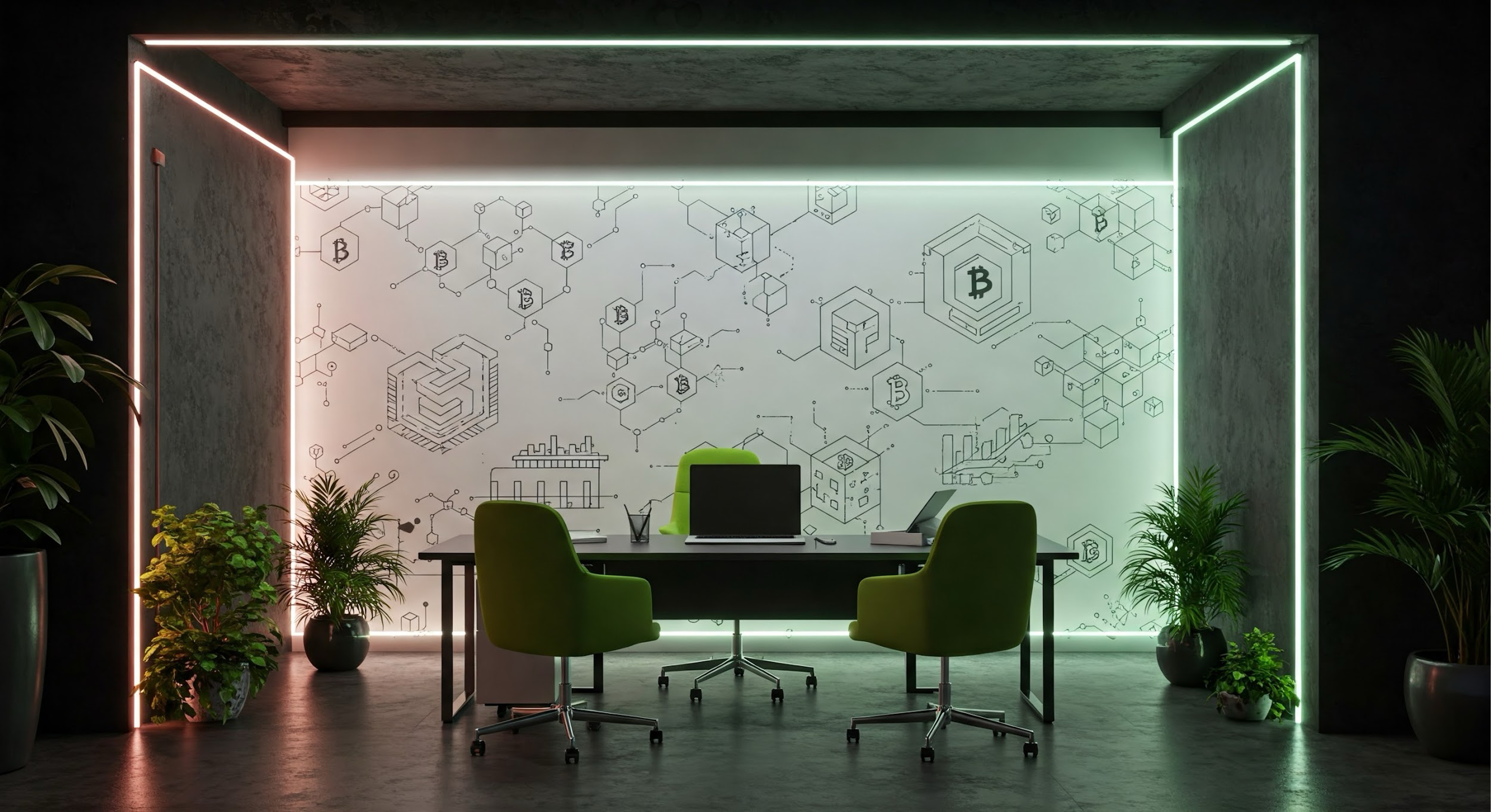 Modern crypto office with blockchain diagrams and gradient lighting